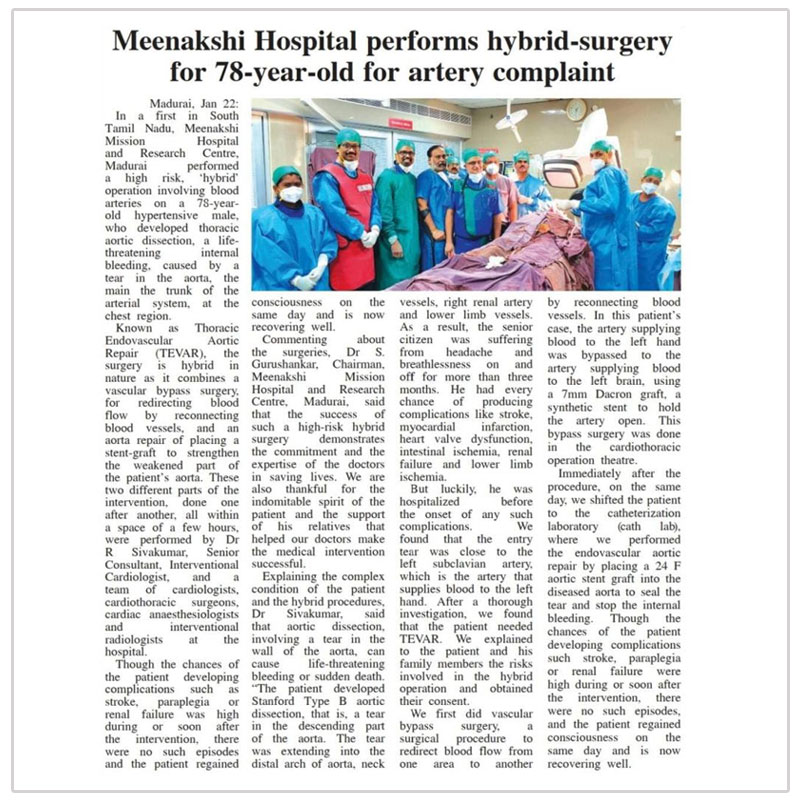 Meenakshi Mission Hospital Performs A First-of-its Kind, Minimally Invasive Heart Valve Replacement Procedure (TAVR).