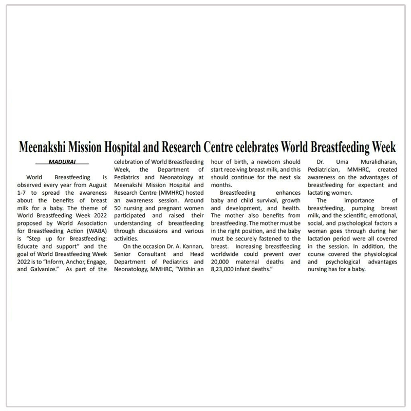 World Breastfeeding week celebrated at Meenakshi Mission Hospital and Research Centre, Madurai