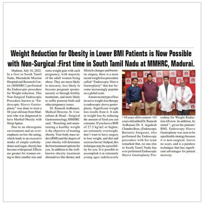 Weight Reduction for Obesity in Lower BMI Patients with Endoscopic Sleeve Gastroplasty- First time in South Tamil Nadu at Meenakshi Mission Hospital