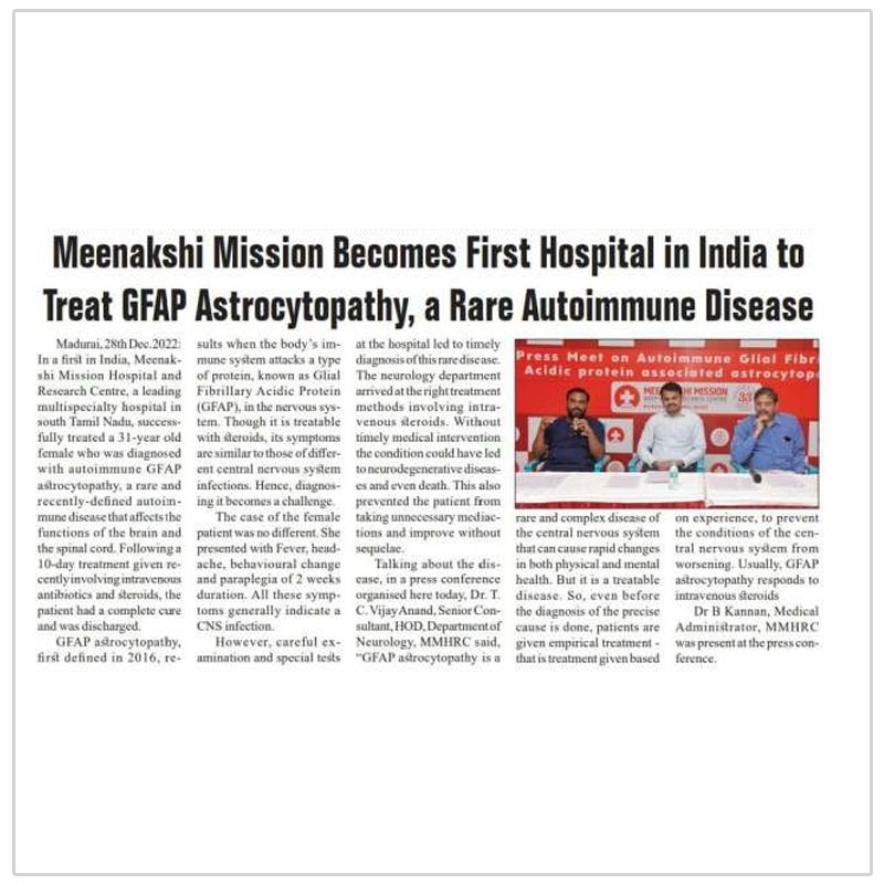 Meenakshi Mission Becomes First Hospital in India to Treat GFAP Astrocytopathy, a Rare Autoimmune Disease